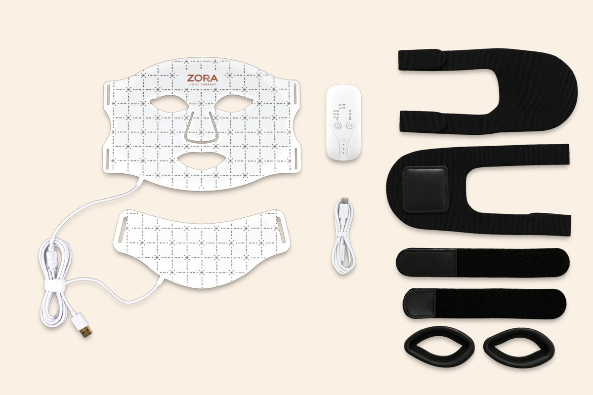 Complete Zora LED lichttherapieset met gezichtsmasker, nekstuk, handbediening, USB-kabel, bevestigingsbanden en beschermbril