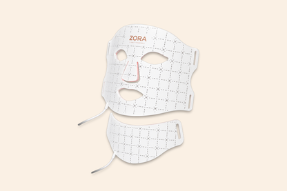 Zora LED lichttherapiemasker met nekstuk, vooraanzicht op beige achtergrond