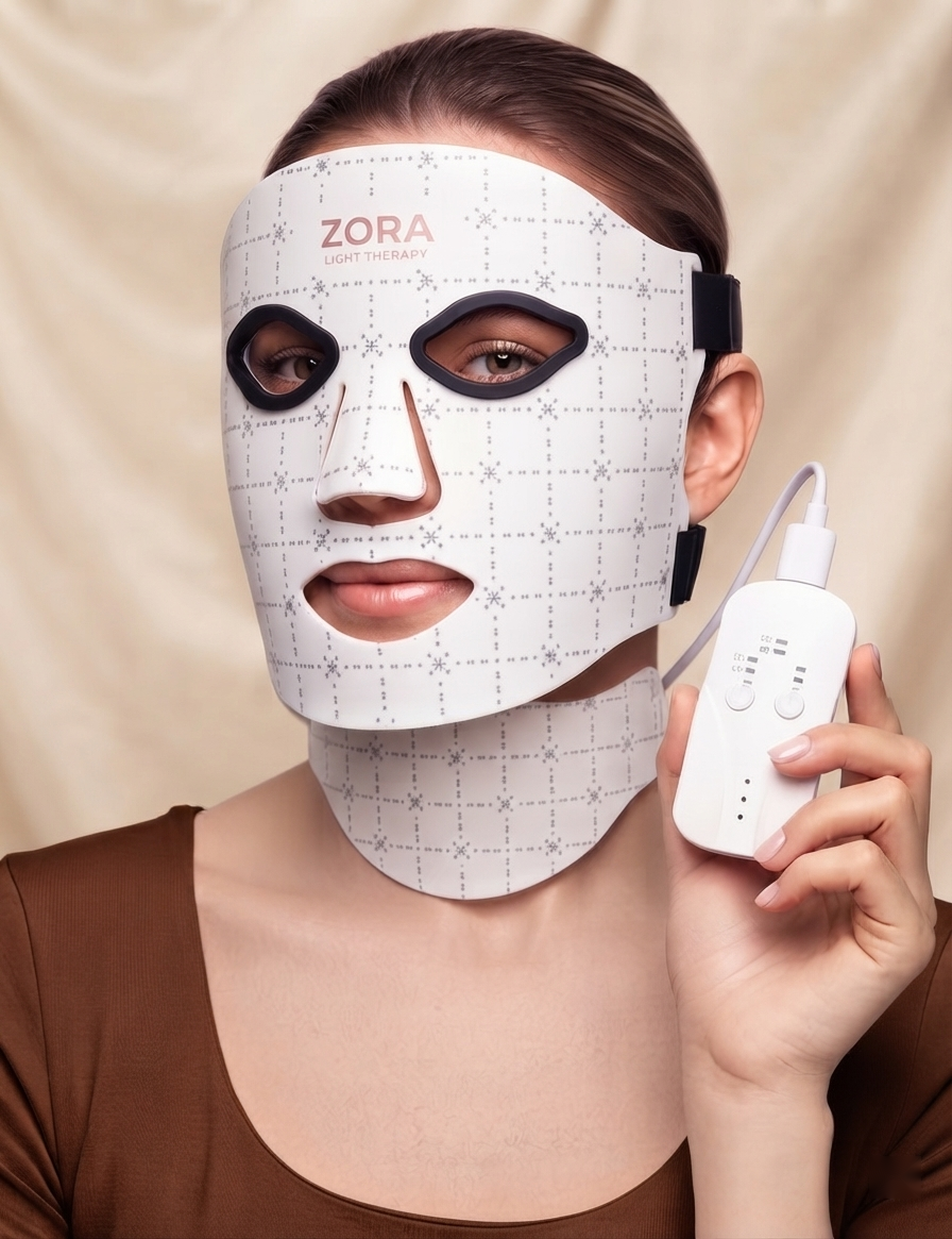 Vrouw draagt het Zora LED lichttherapiemasker en houdt de handbediening vast